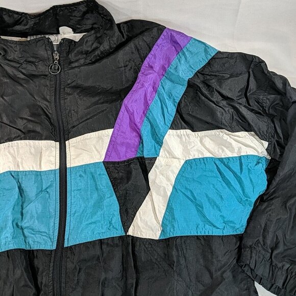 Vengo Vintage Jacket Windbreaker Black Green Purple 90s M Medium Lined Men's Zip - Picture 2 of 13
